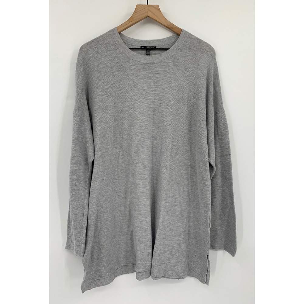 Eileen Fisher Sweater Womens Large Gray Cotton Silk Long Oversized Lightweight